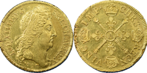 Louis XIV Double louis d’or aux insignes portrait aux cheveux longs 1707 Paris SUP droit et revers