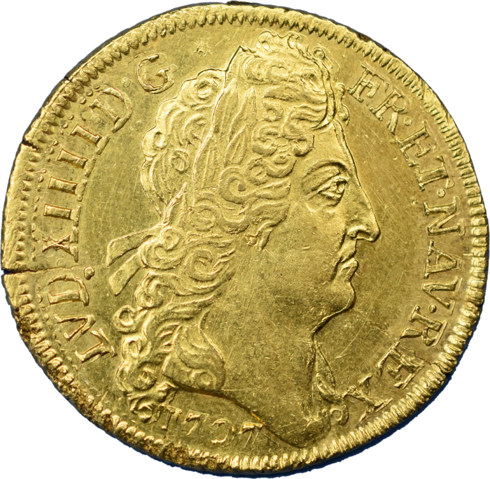 Louis XIV Double louis d’or aux insignes portrait aux cheveux longs 1707 Paris SUP droit