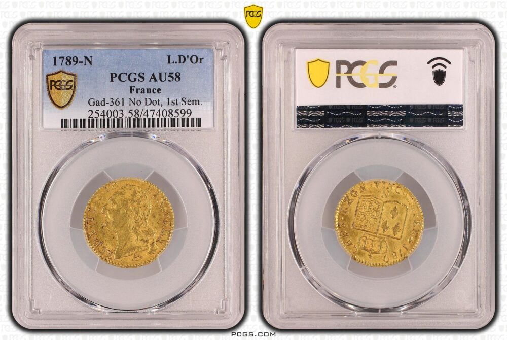 Louis XVI louis d’or 1789 N SUP AU58 PCGS droit et revers sous coque