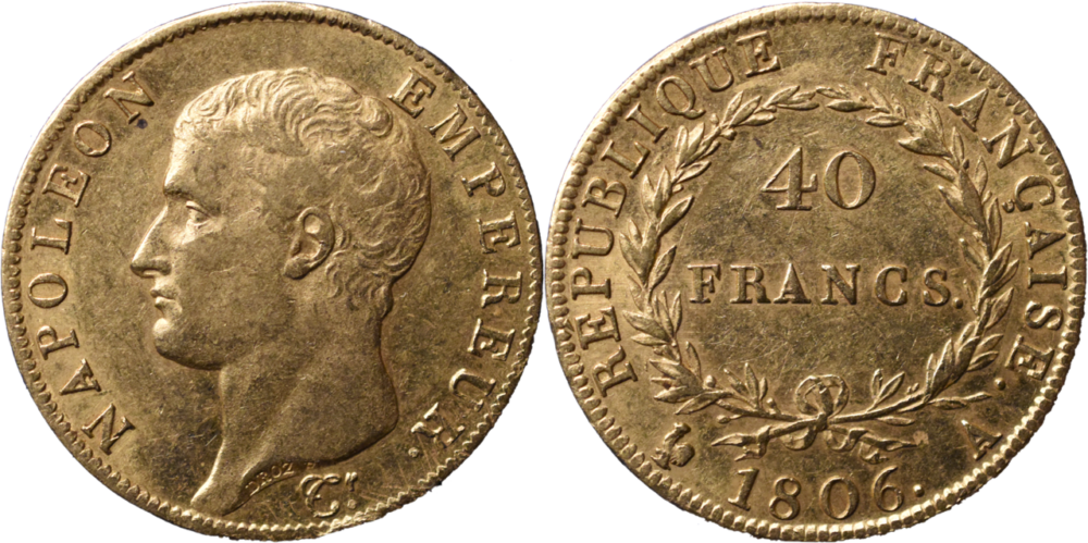 40 francs Napoléon Ier tête nue République Française selon disponibilités droit et revers