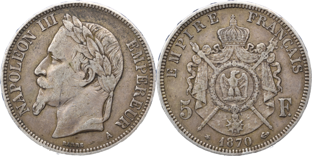 5 francs Napoléon III tête laurée argent selon disponibilité droit et revers