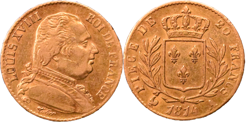 20 francs Louis XVIII buste habillé droit et revers