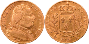 20 francs Louis XVIII buste habillé droit et revers