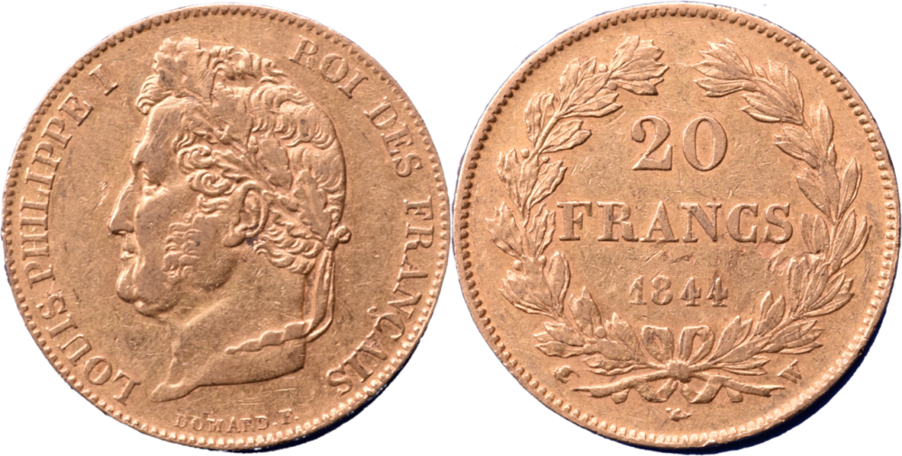 20 francs Louis-Philippe 1844 W TTB R1 droit et revers