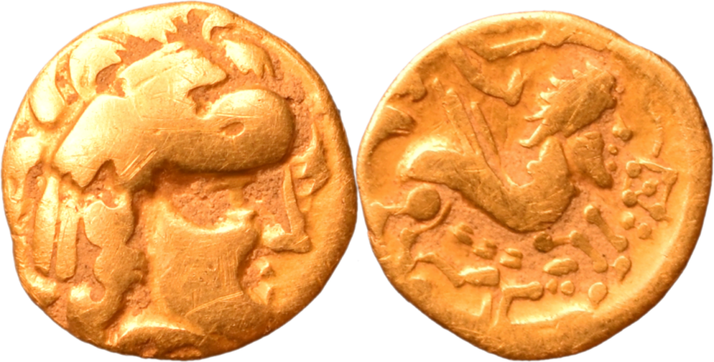 Quart de statère d’or au cheval androcéphale TTB+ 80-50 av. J.-C. droit et revers