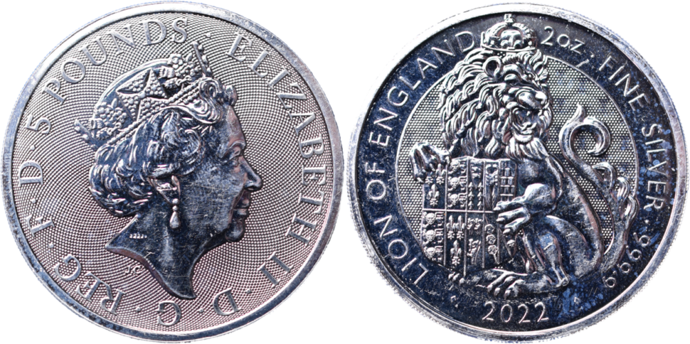 5 Pounds Elizabeth II 2 onces argent Lion of England 2022 droit et revers