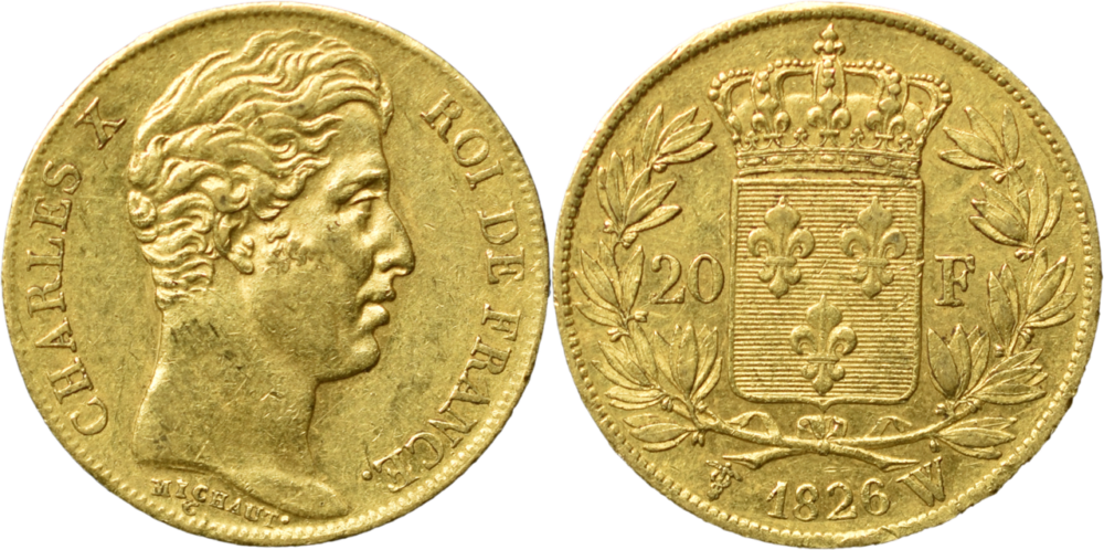 20 francs Charles X 1826 W SUP R2 droit et revers