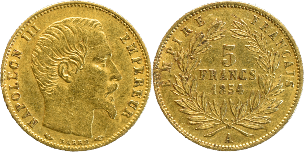 5 francs Napoléon III 1854 A petit module TTB+ tranche cannelée chocs R1 droit et revers