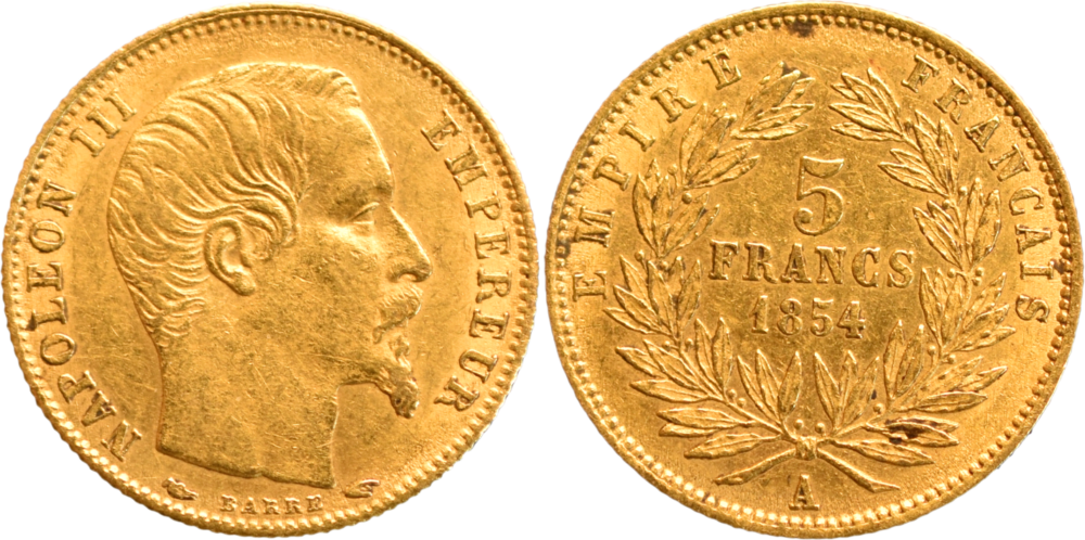5 francs Napoléon III 1854 A petit module SUP tranche cannelée droit et revers