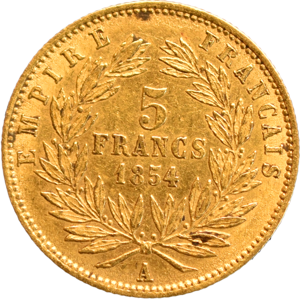 5 francs Napoléon III 1854 A petit module SUP tranche cannelée revers