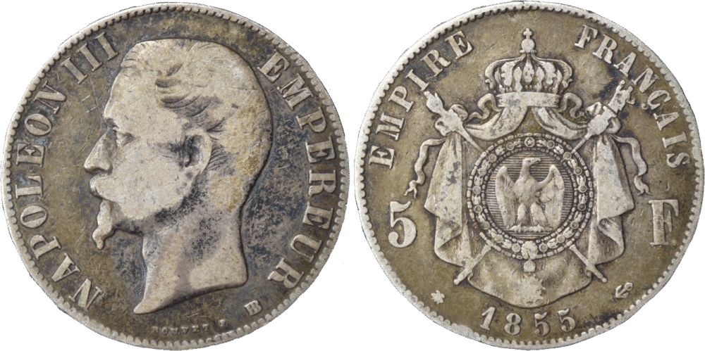 5 francs Napoléon III 1855 BB TB droit et revers
