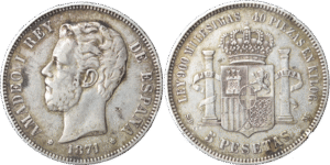 5 pesetas Amédée Ier 1871 selon disponibilités droit et revers