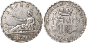 5 pesetas Espagne gouvernement provisoire 1870 selon disponibilités droit et revers