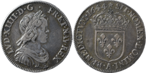 Quart d'écu Louis XIV à la meche courte 1644 A Matignon TTB droit et revers