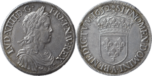 Ecu Louis XIV à la meche longue sans baie 1652 A SUP R1 droit et revers