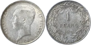 1 franc Belgique Albert Ier français et néerlandais argent selon disponibilités droit et revers