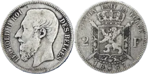 2 francs Belgique Leopold II français Wiener argent selon disponibilités droit et revers