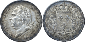 5 francs Louis XVIII 1823 A TTB+ droit et revers