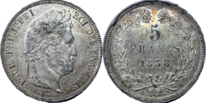 5 francs Louis Philippe 1838 MA TTB+ droit et revers