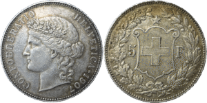 5 francs Suisse Helvetia 1907 TTB droit et revers