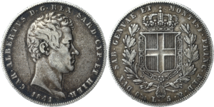 5 Lire Charles Albert 1841 Gênes R2 Sardaigne droit et revers
