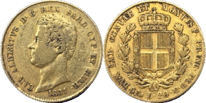 20 lire or Carlo Alberto Roi de Sardaigne 1831 R1 Gênes TTB droit et revers