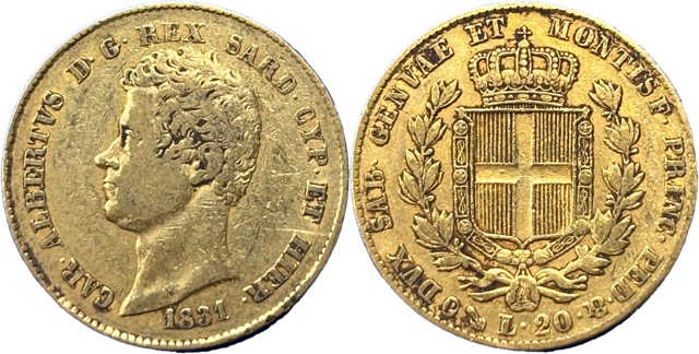 20 lire or Carlo Alberto Roi de Sardaigne 1831 R1 Gênes TTB droit et revers