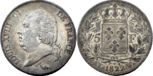 5 francs Louis XVIII 1822 W TTB droit et revers