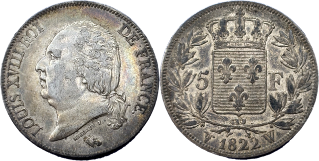 5 francs Louis XVIII 1822 W TTB droit et revers