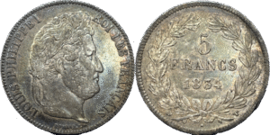 5 francs Louis Philippe 1834 T Nantes TTB+ droit et revers