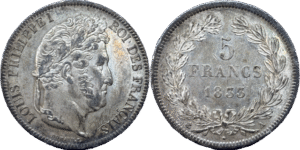 5 francs Louis Philippe 1833 A Paris SUP droit et revers