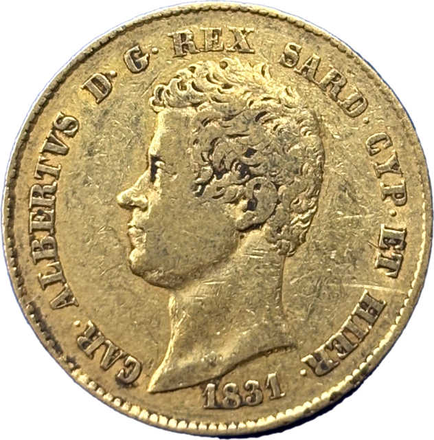 20 lire or Carlo Alberto Roi de Sardaigne 1831 R1 Gênes TTB droit