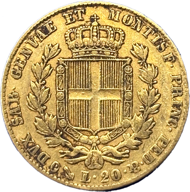 20 lire or Carlo Alberto Roi de Sardaigne 1831 R1 Gênes TTB revers
