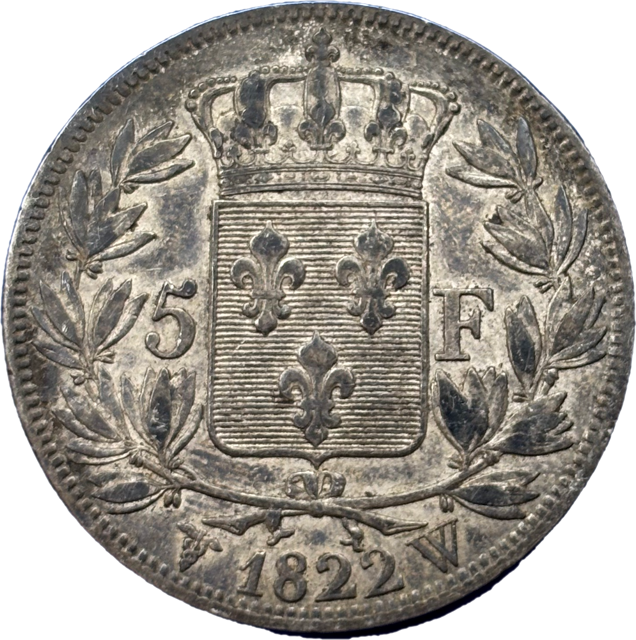 5 francs Louis XVIII 1822 W TTB revers