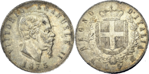 5 Lire Vittorio Emanuele II 1875 M SUP droit et revers