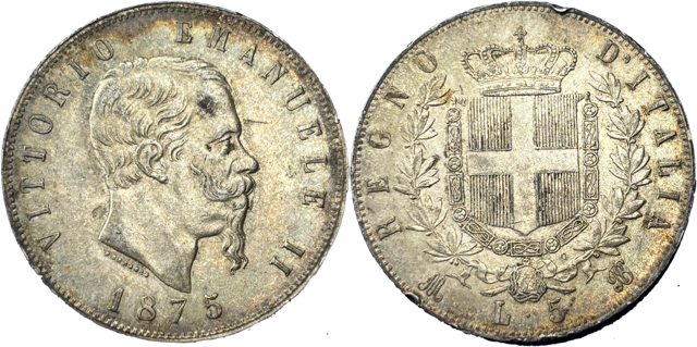 5 Lire Vittorio Emanuele II 1875 M SUP droit et revers