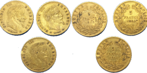 Lot de 3 pièces de 5 francs or Napoléon III tête laurée droit et revers
