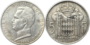 5 francs argent Rainier III selon disponibilité droit et revers