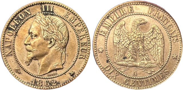 10 centimes Napoléon III 1862 A SUP droit et revers