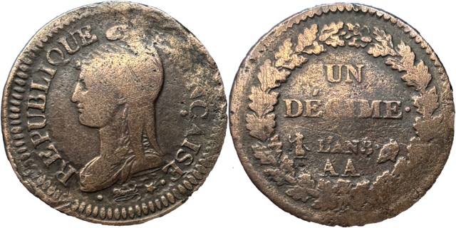 1 décime Dupré An8 AA hybride droit et revers