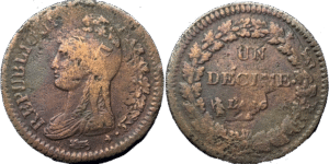1 décime Dupré An5 A  refrappage du 2 décimes TB droit et revers