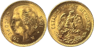 5 Pesos or Mexique selon disponibilité droit et revers