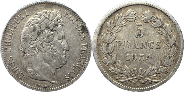 5 francs Louis Philippe 1834 Q TTB- droit et revers