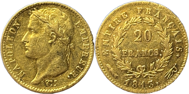 20 francs Napoléon Ier 1813 Utrecht TTB droit et revers