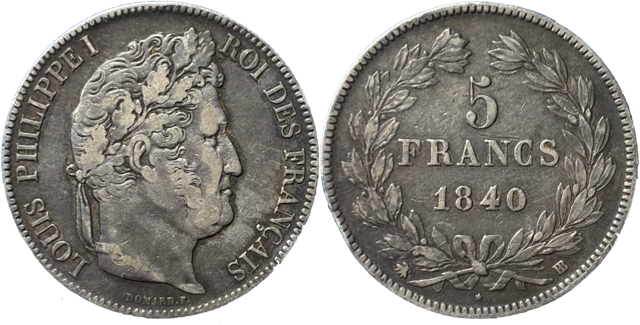 5 francs Louis Philippe 1840 BB TTB droit et revers