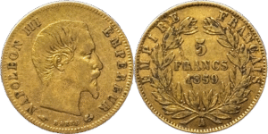 5 francs or Napoléon III 1859 A TTB fautée cassure de coin R1 droit et revers