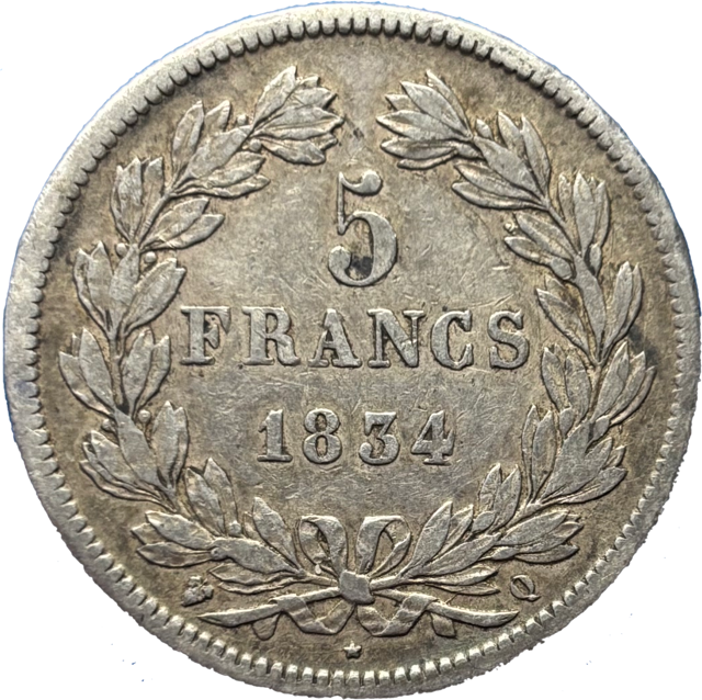 5 francs Louis Philippe 1834 Q TTB- revers