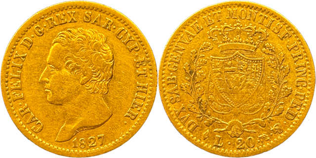 20 lire or Charles Felix Roi de Sardaigne selon disponibilités droit et revers