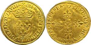 Ecu d’or au soleil variété Charles IX Toulouse 1568 R3 droit et revers