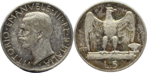 5 Lire Vittorio Emanuele III argent 835‰ droit et revers